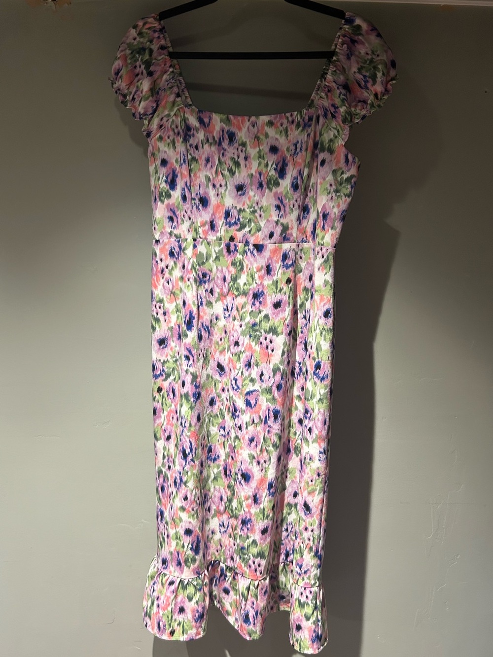 Collective Concepts Pastel Floral Square-Neck Midi Dress in Pink, Purple & Green
